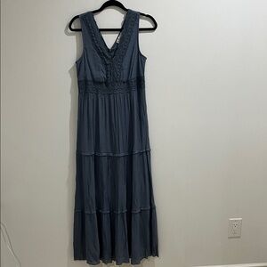 Women’s Crochet Maxi Dress Medium Tiered Slate Blue Boho Chic Milkmaid